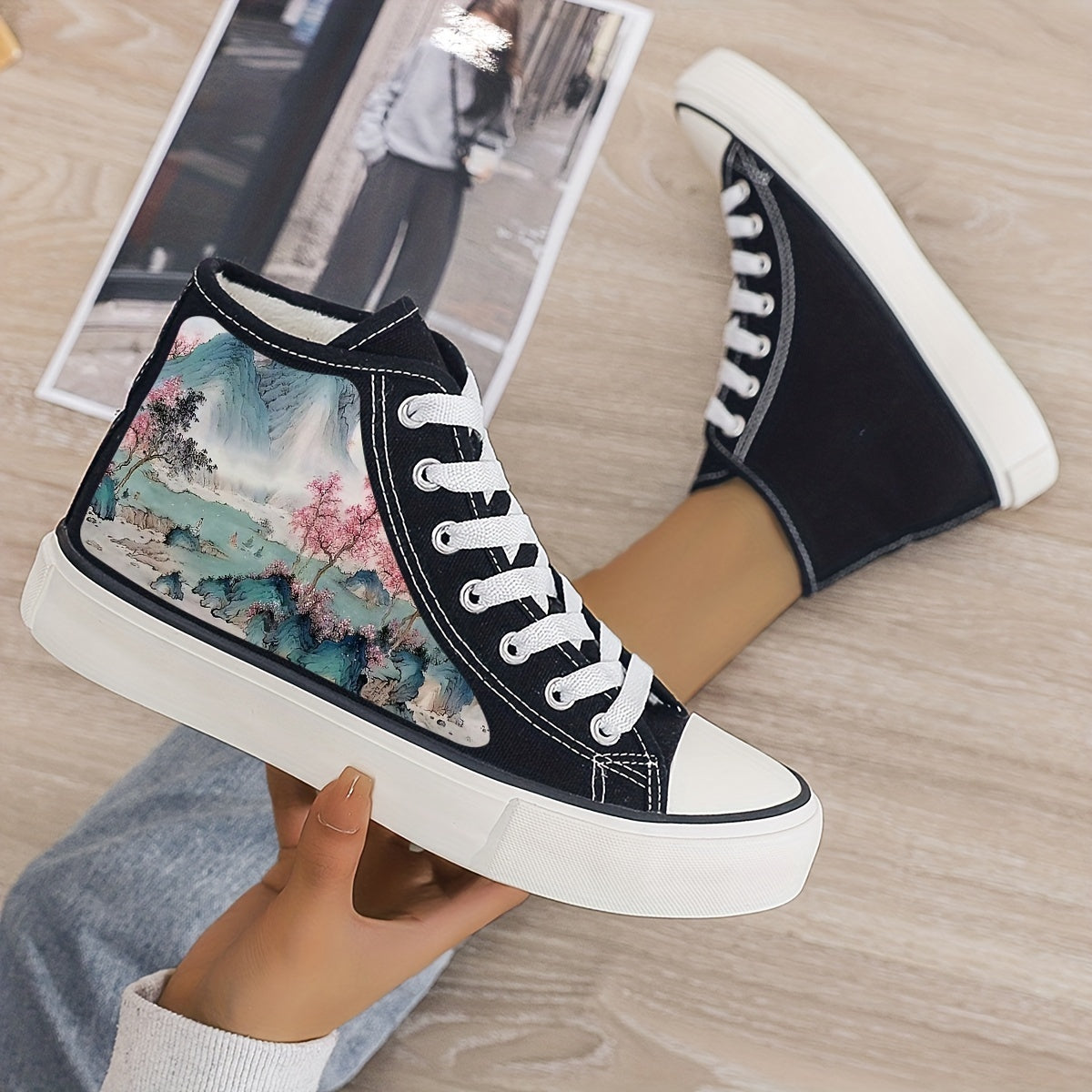 Girl's Trendy High Top Beautiful Painting Pattern Skate Shoes, Comfy Non Slip Breathable Lace Up Sneakers, Winter & Autumn
