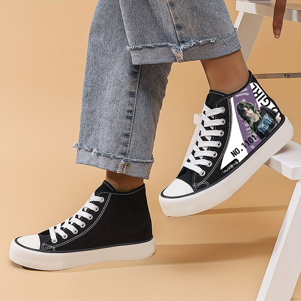 Girl's Trendy Anime Graphic Skate Shoes, Comfy Non Slip Lace Up Breathable Sneakers, Kids Footwear