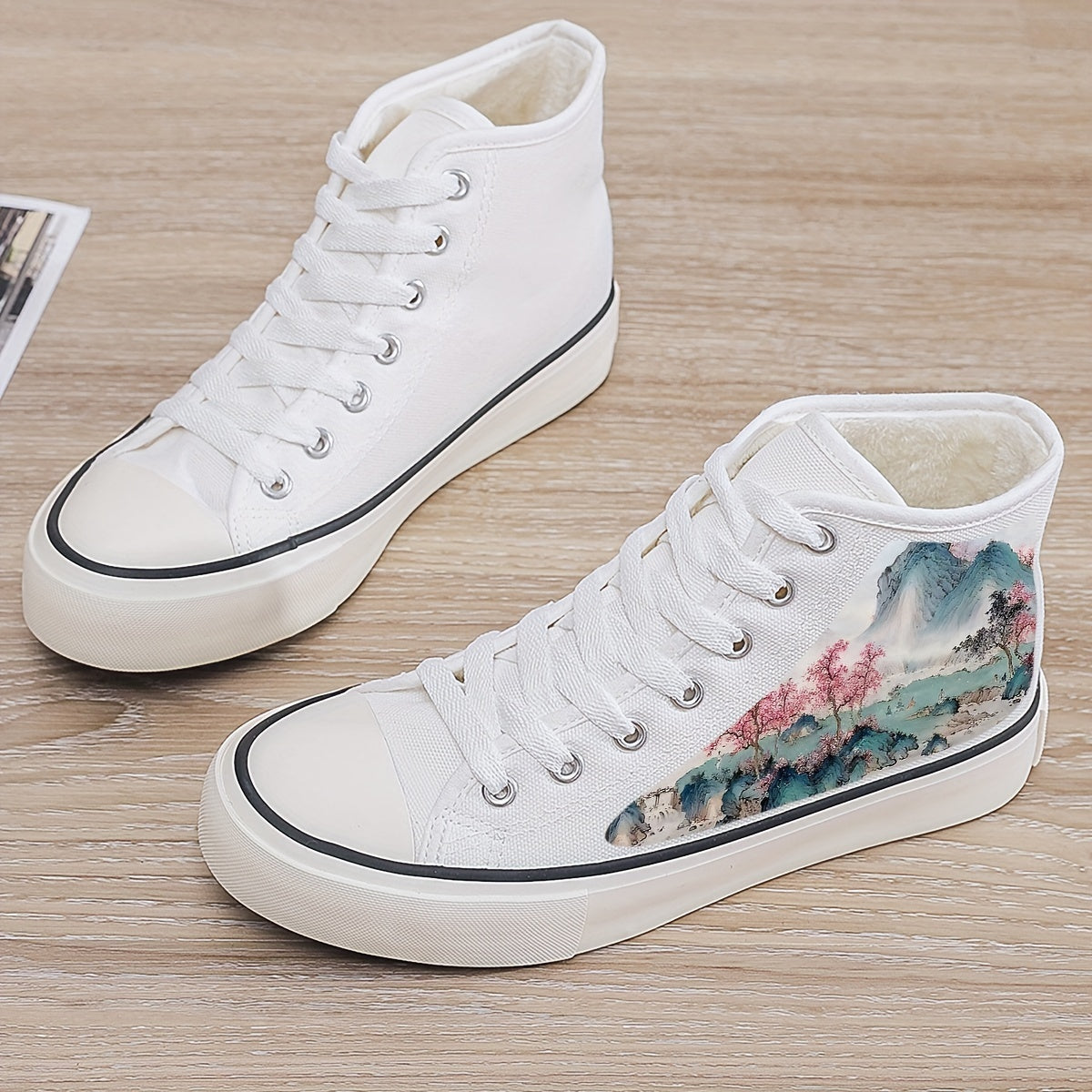 Girl's Trendy High Top Beautiful Painting Pattern Skate Shoes, Comfy Non Slip Breathable Lace Up Sneakers, Winter & Autumn