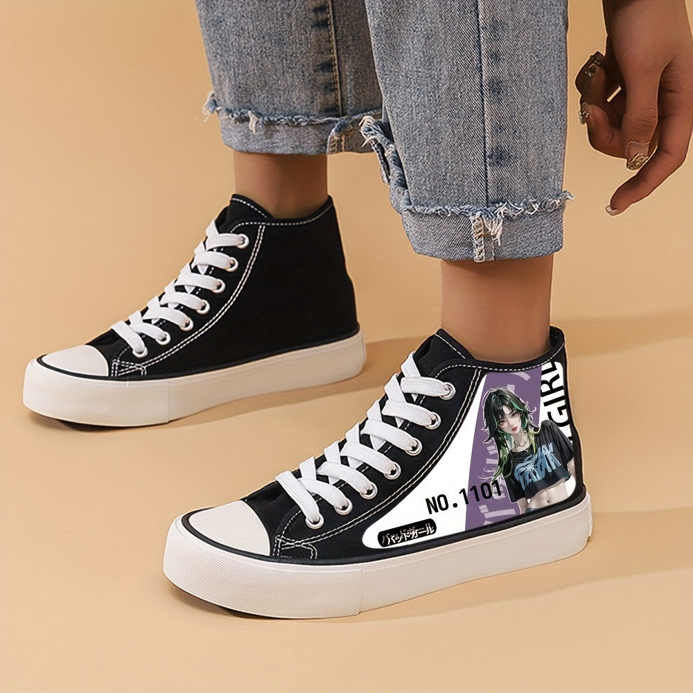 Girl's Trendy Anime Graphic Skate Shoes, Comfy Non Slip Lace Up Breathable Sneakers, Kids Footwear