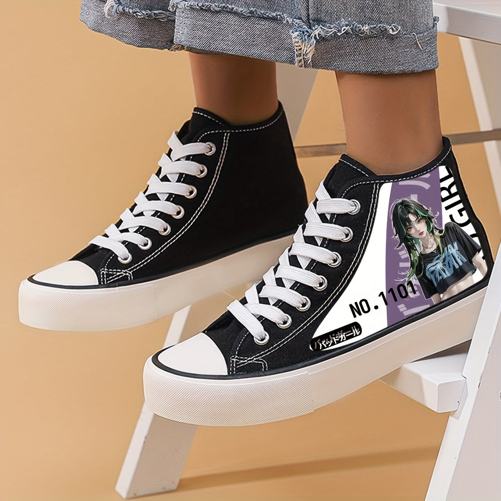 Girl's Trendy Anime Graphic Skate Shoes, Comfy Non Slip Lace Up Breathable Sneakers, Kids Footwear