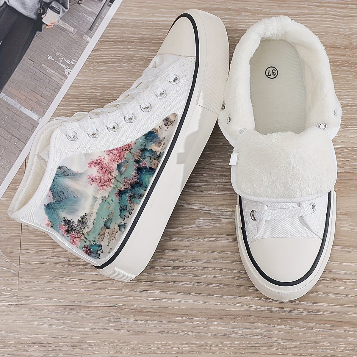Girl's Trendy High Top Beautiful Painting Pattern Skate Shoes, Comfy Non Slip Breathable Lace Up Sneakers, Winter & Autumn