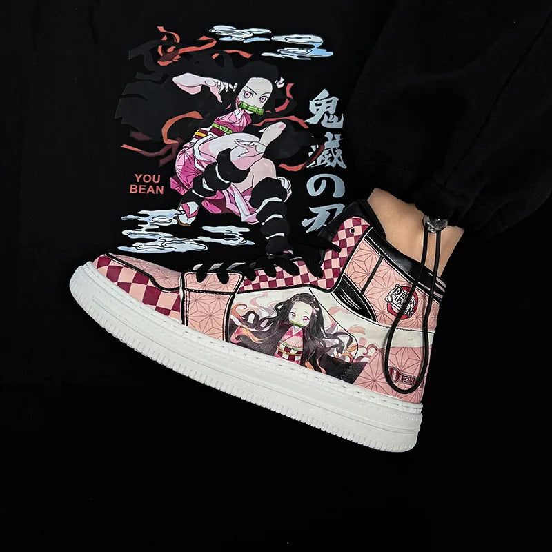 Kamado Nezuko Cosplay Skate Shoes - Demon Slayer Cartoon Game High Gang, Pink Heart Design