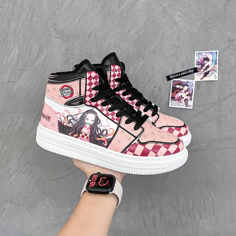 Kamado Nezuko Cosplay Skate Shoes - Demon Slayer Cartoon Game High Gang, Pink Heart Design
