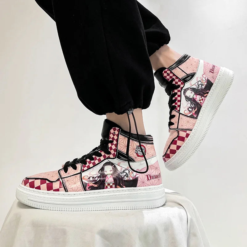 Kamado Nezuko Cosplay Skate Shoes - Demon Slayer Cartoon Game High Gang, Pink Heart Design