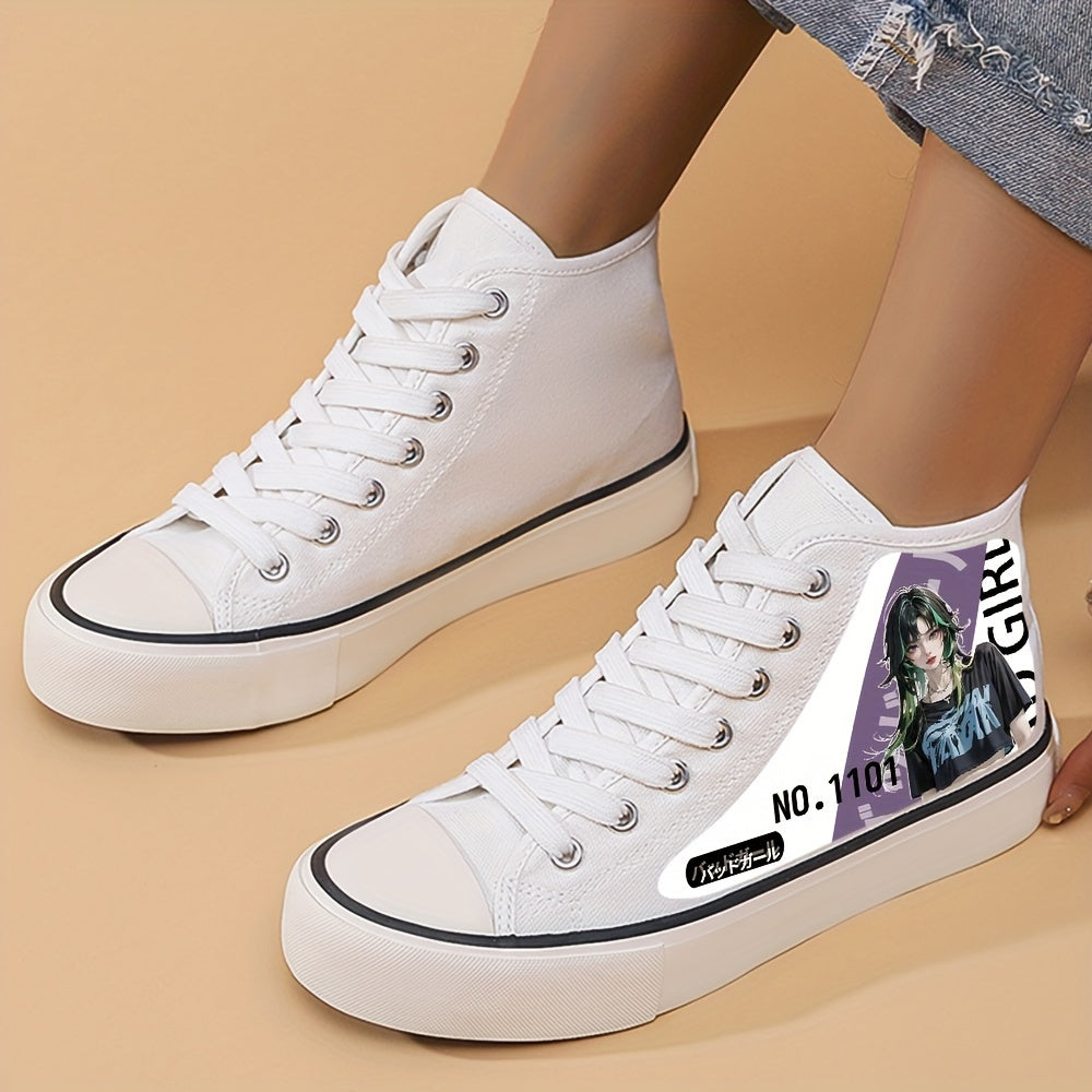 Girl's Trendy Anime Graphic Skate Shoes, Comfy Non Slip Lace Up Breathable Sneakers, Kids Footwear