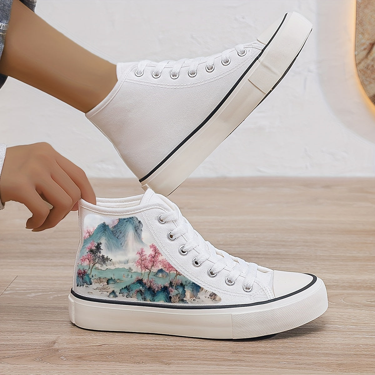 Girl's Trendy High Top Beautiful Painting Pattern Skate Shoes, Comfy Non Slip Breathable Lace Up Sneakers, Winter & Autumn