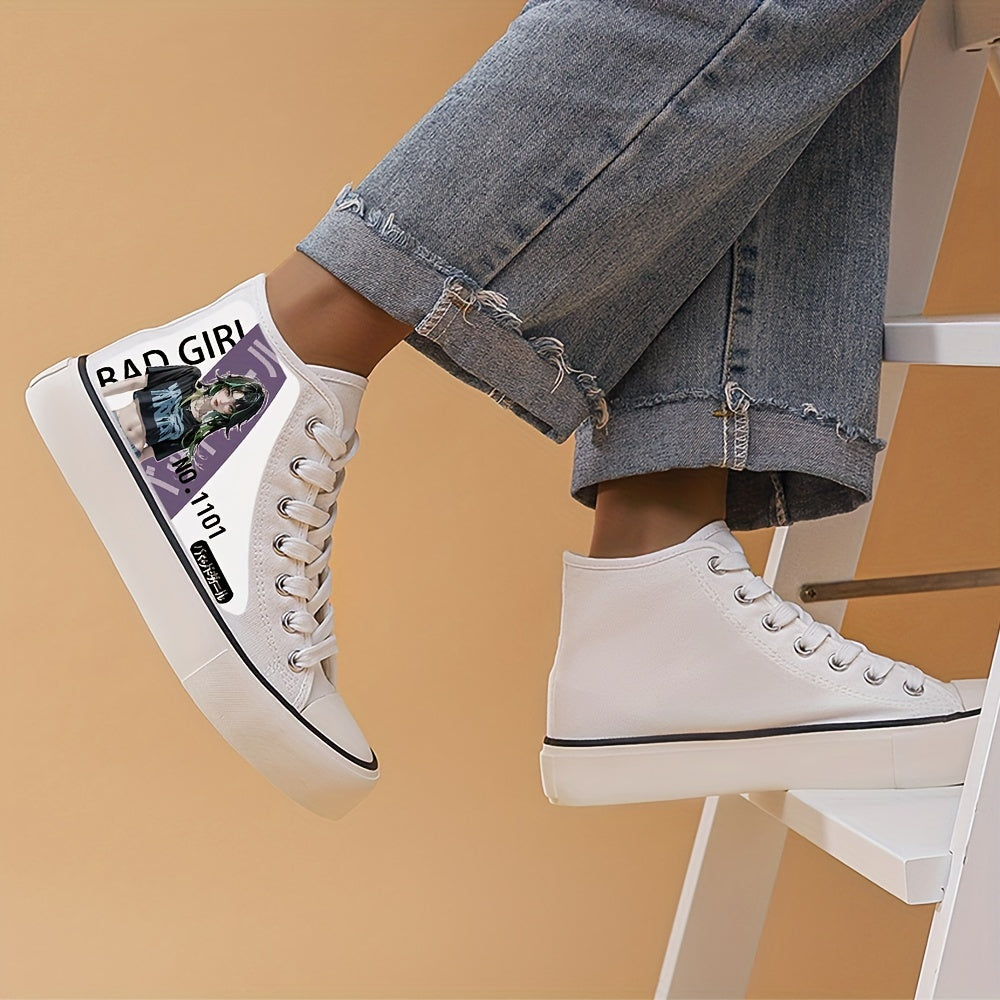 Girl's Trendy Anime Graphic Skate Shoes, Comfy Non Slip Lace Up Breathable Sneakers, Kids Footwear