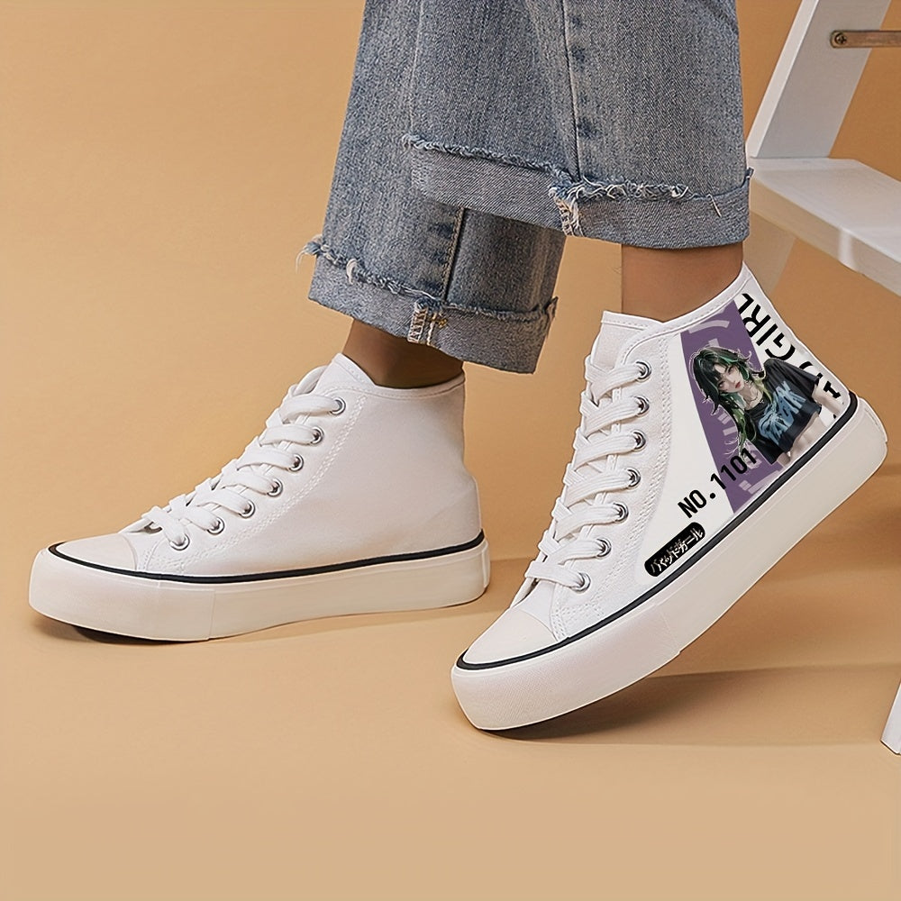 Girl's Trendy Anime Graphic Skate Shoes, Comfy Non Slip Lace Up Breathable Sneakers, Kids Footwear
