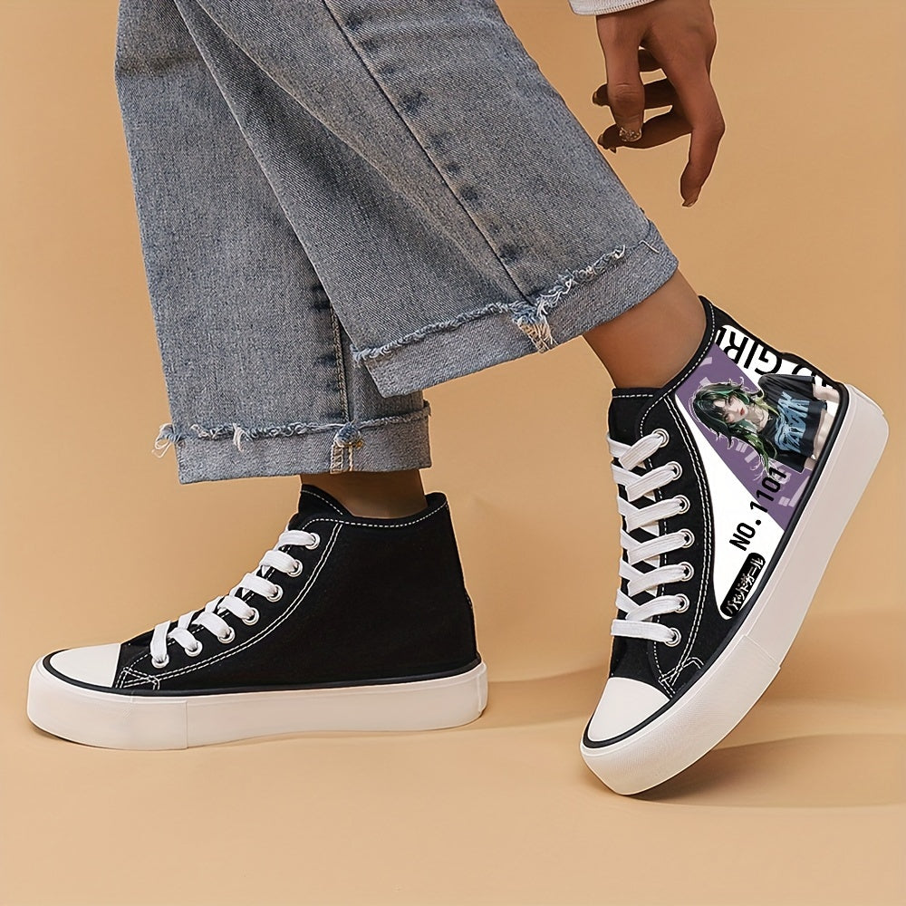 Girl's Trendy Anime Graphic Skate Shoes, Comfy Non Slip Lace Up Breathable Sneakers, Kids Footwear