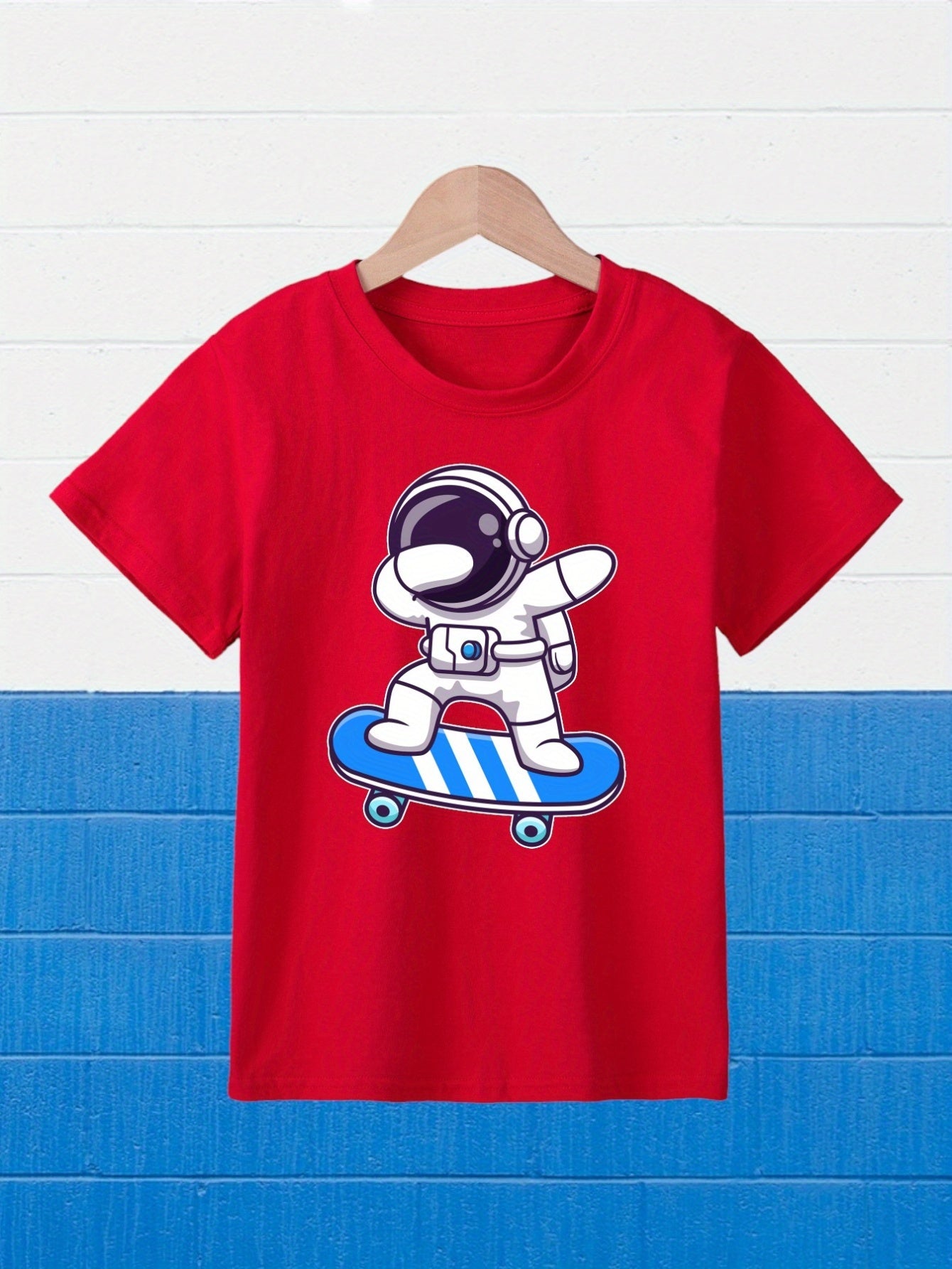 Girl's Cartoon Astronaut Playing Skateboard Pattern Shirt, Casual Breathable Comfy Short Sleeve Tee Top For City Walk Street Hanging Outdoor Activities