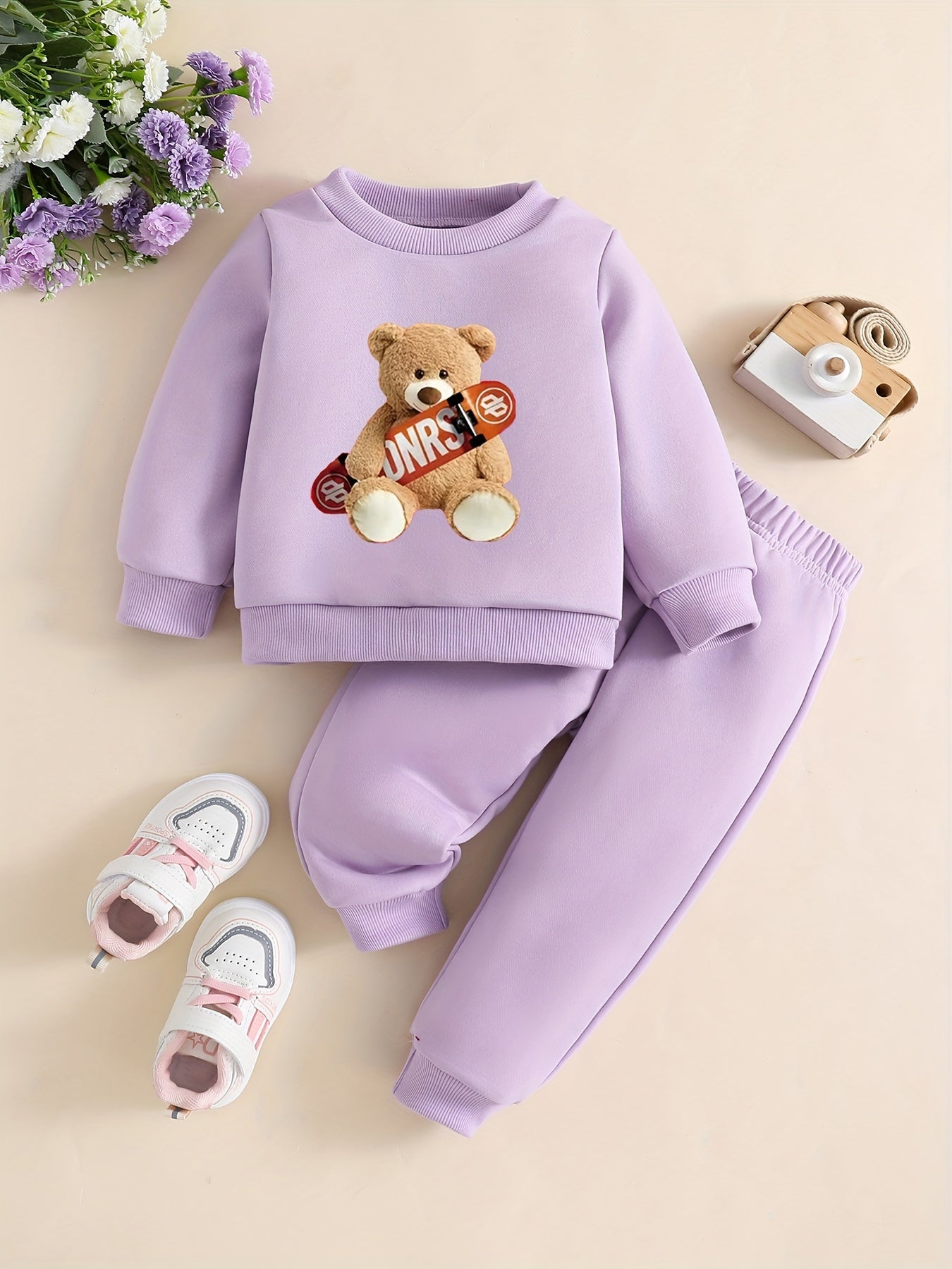 Toddler Girls 2-piece Set Pullover Sweatshirt & Elastic Waist Sweatpants Cartoon Skateboard Bear Print Casual Outfits For Autumn / Spring