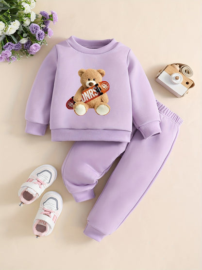Toddler Girls 2-piece Set Pullover Sweatshirt & Elastic Waist Sweatpants Cartoon Skateboard Bear Print Casual Outfits For Autumn / Spring