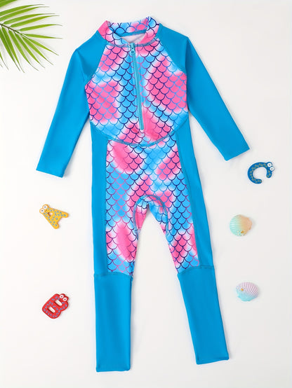 Girls' Fish Scale Surfing Suit - Comfy One Piece Swimsuit for Summer Vacation