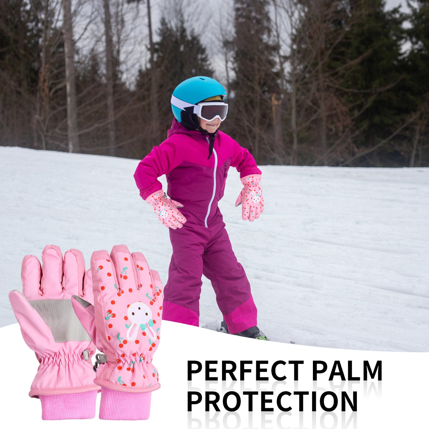 Waterproof Ski Gloves for Kids, Cartoon Rabbit Design - Perfect for Snowboarding, Cycling, and Outdoor Sports - Machine Washable - Ages 6-8 (EH22044)