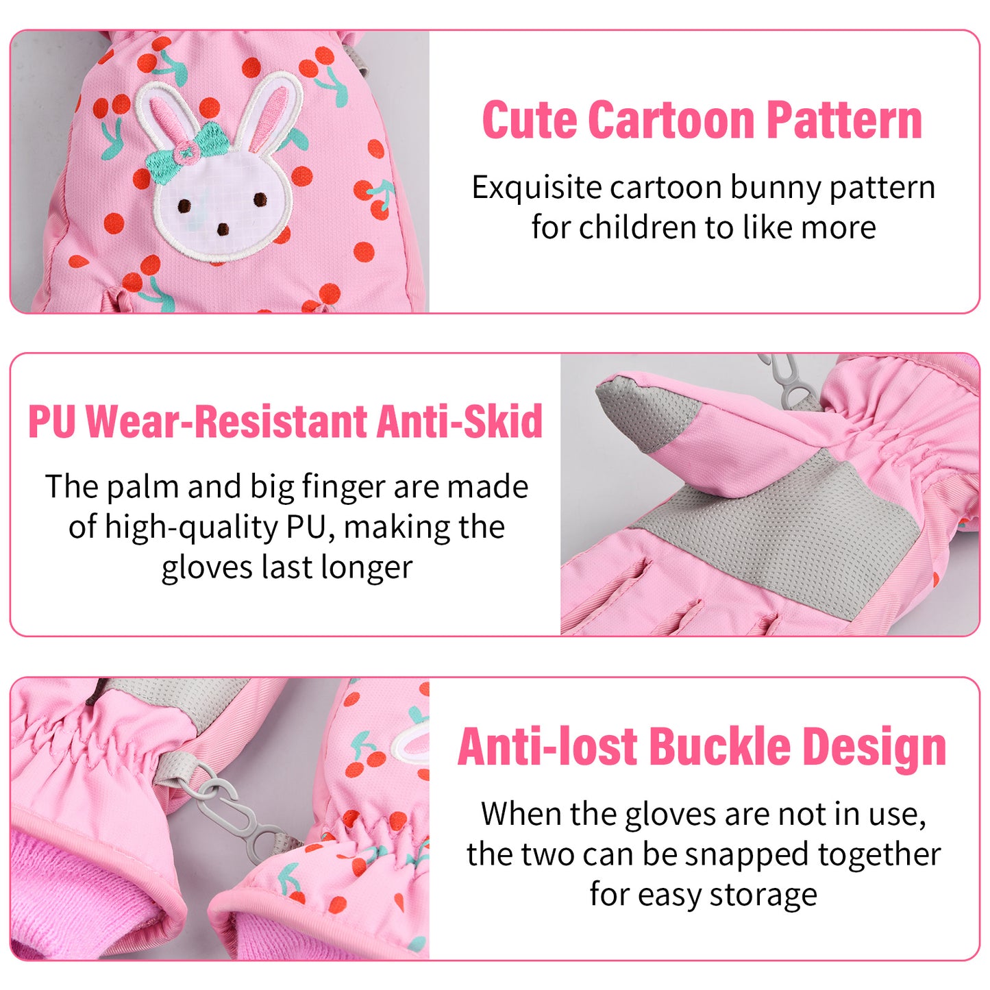 Waterproof Ski Gloves for Kids, Cartoon Rabbit Design - Perfect for Snowboarding, Cycling, and Outdoor Sports - Machine Washable - Ages 6-8 (EH22044)