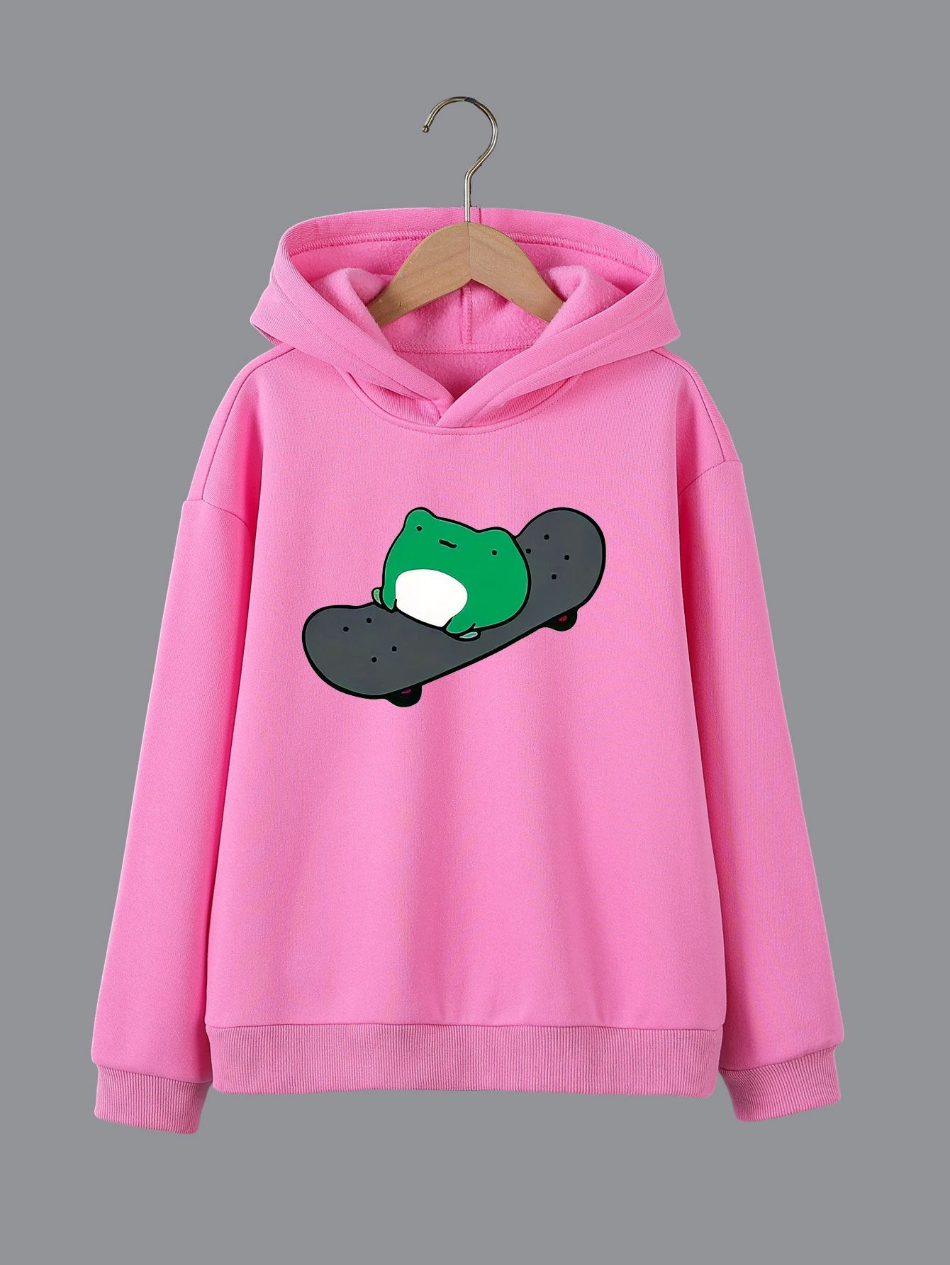 Cartoon Skateboard Frog Print Girls Hooded Sweatshirt Pullovers, Teen Kids Long Sleeve Tops For Sports Daily Leisure