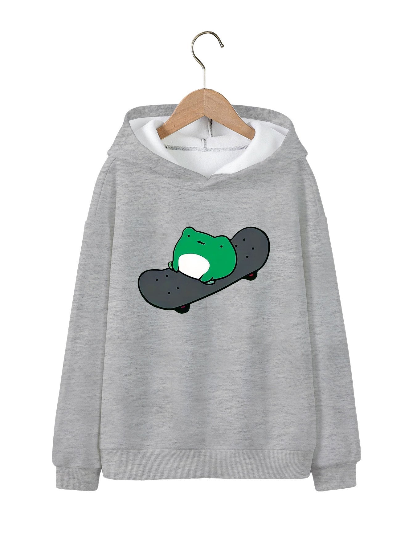 Cartoon Skateboard Frog Print Girls Hooded Sweatshirt Pullovers, Teen Kids Long Sleeve Tops For Sports Daily Leisure