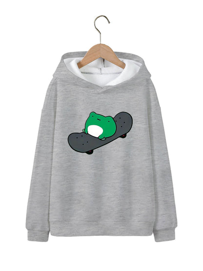 Cartoon Skateboard Frog Print Girls Hooded Sweatshirt Pullovers, Teen Kids Long Sleeve Tops For Sports Daily Leisure
