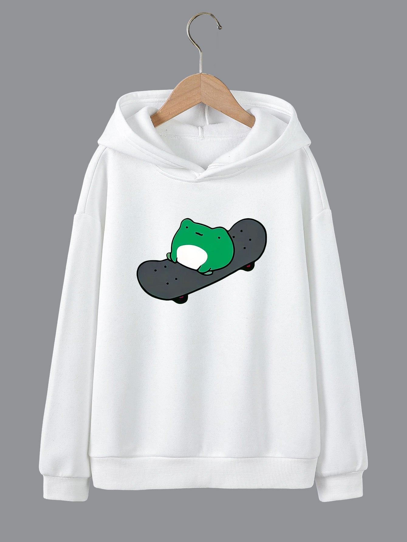 Cartoon Skateboard Frog Print Girls Hooded Sweatshirt Pullovers, Teen Kids Long Sleeve Tops For Sports Daily Leisure