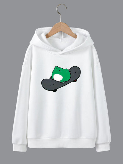 Cartoon Skateboard Frog Print Girls Hooded Sweatshirt Pullovers, Teen Kids Long Sleeve Tops For Sports Daily Leisure