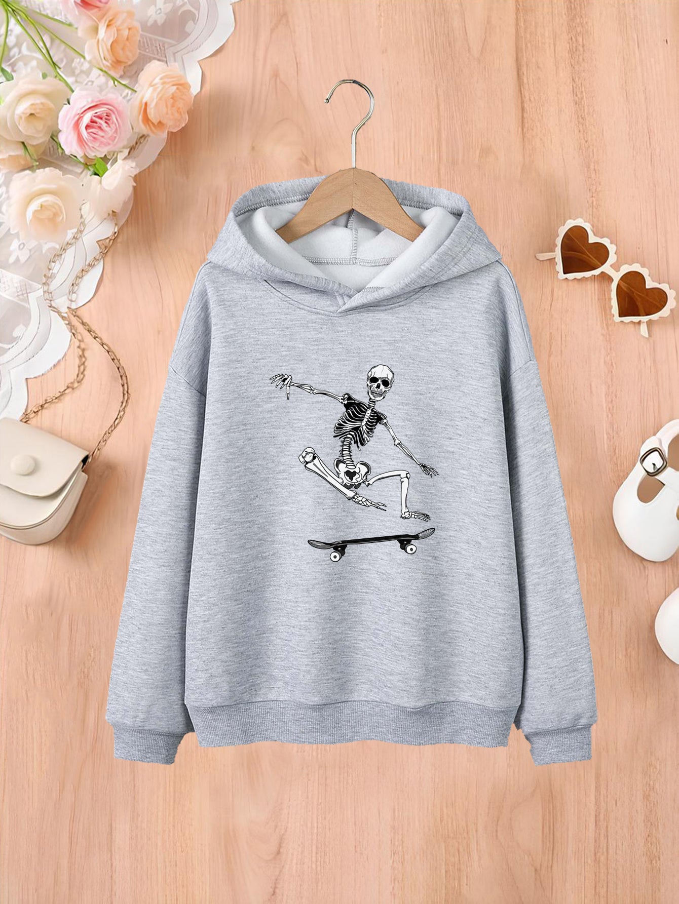 Fashion Girls Skull Man Skateboard Print Comfortable Casual Hooded Sweatshirt, Youth Kids Hoodie Tops