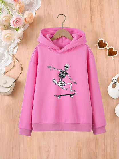 Fashion Girls Skull Man Skateboard Print Comfortable Casual Hooded Sweatshirt, Youth Kids Hoodie Tops