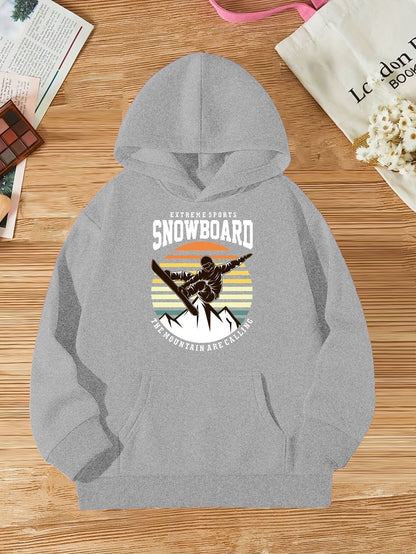 Girls Snowboard Graphic Hoodie - Trendy Long Sleeve Sweatshirt for Kids