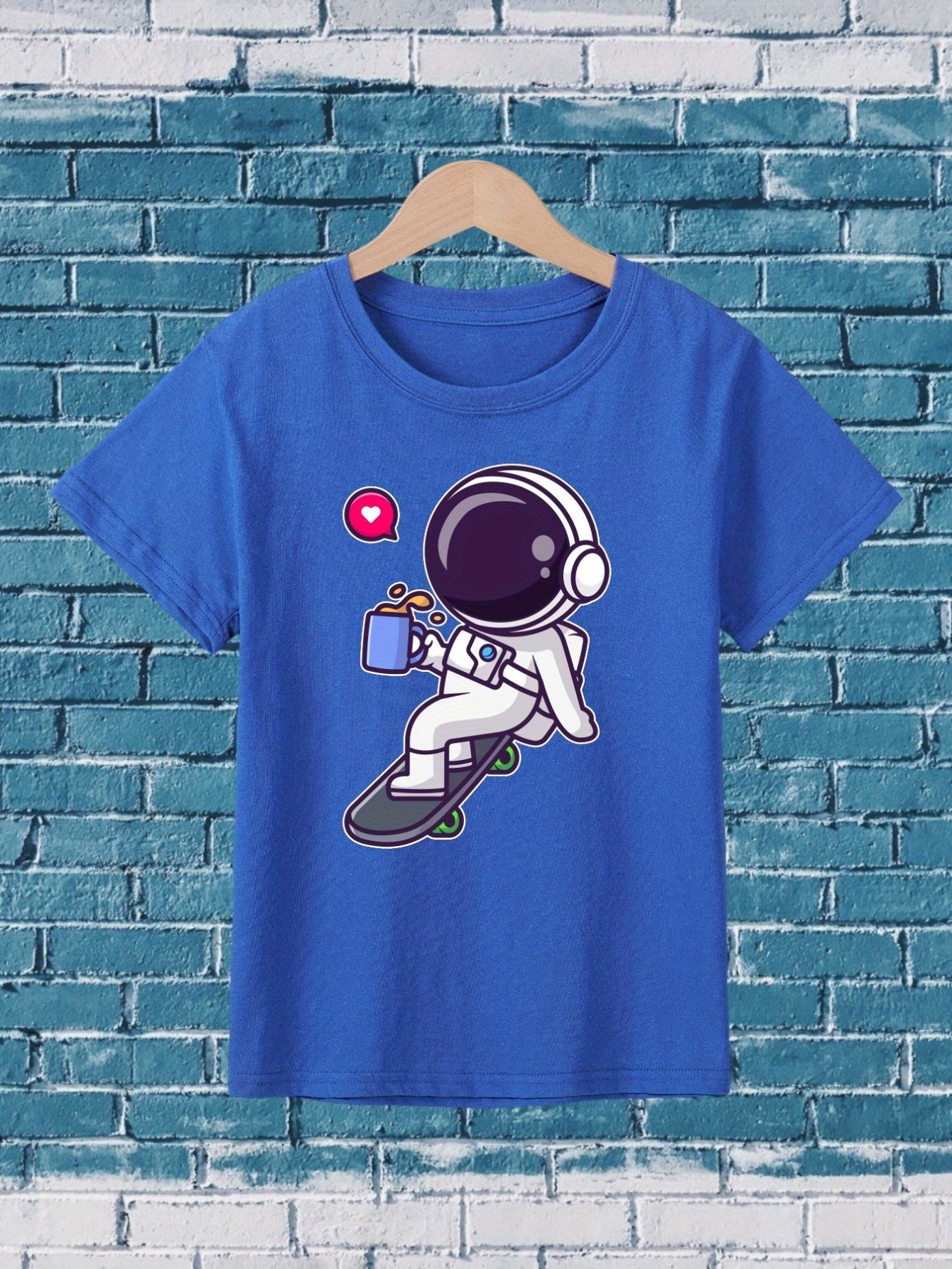 Girl's Cartoon Astronaut Playing Skateboard Pattern Shirt, Casual Breathable Comfy Short Sleeve Tee Top For City Walk Street Hanging Outdoor Activities