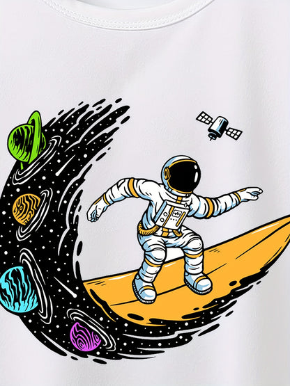 Astronaut Surfing In Space Round Neck T-shirt Tees Tops Soft Comfortable Girls Summer Clothes
