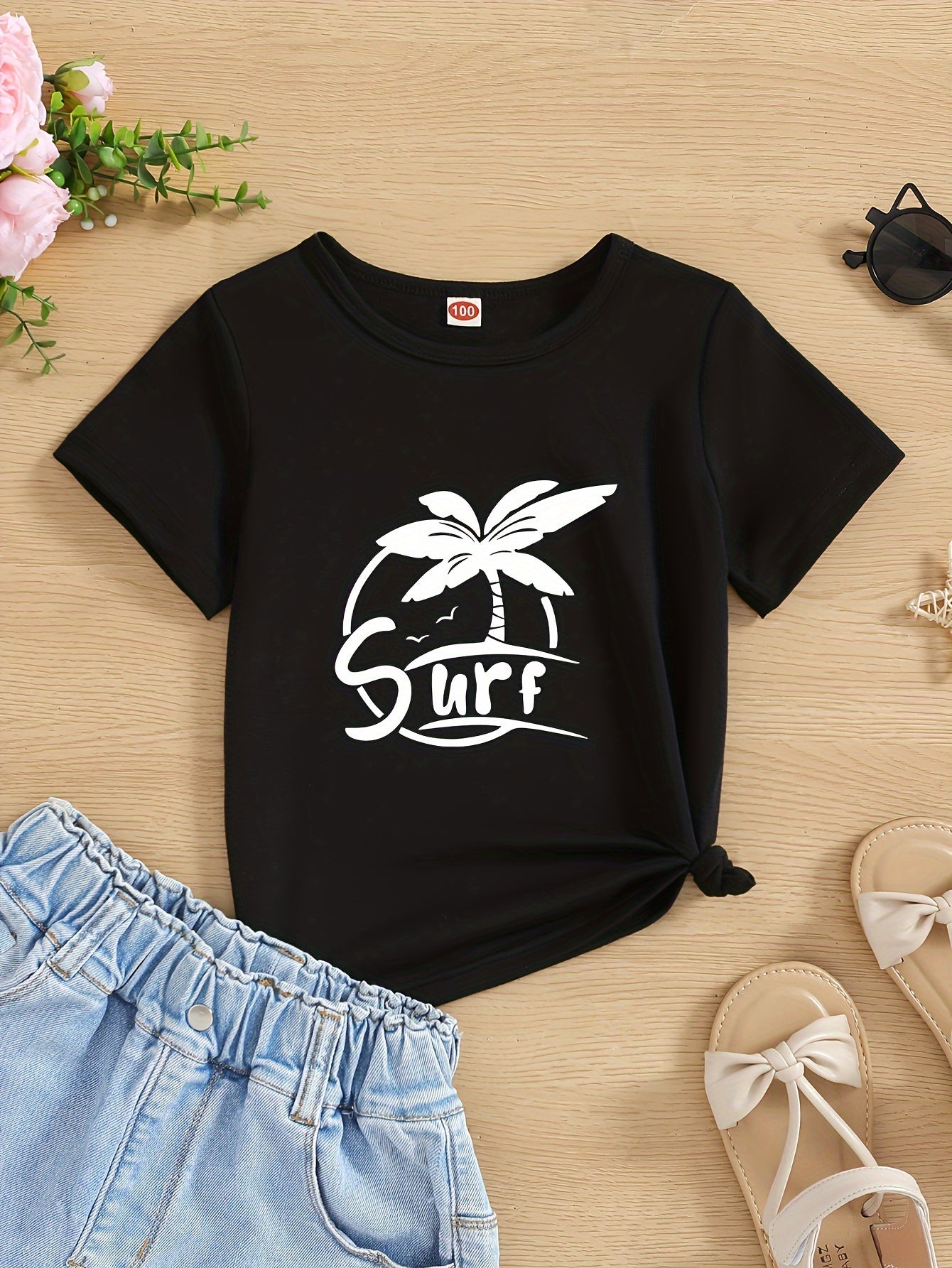 Coconut Tree Surf Print T-Shirt - Kids' Summer Casual Crew Neck Tee
