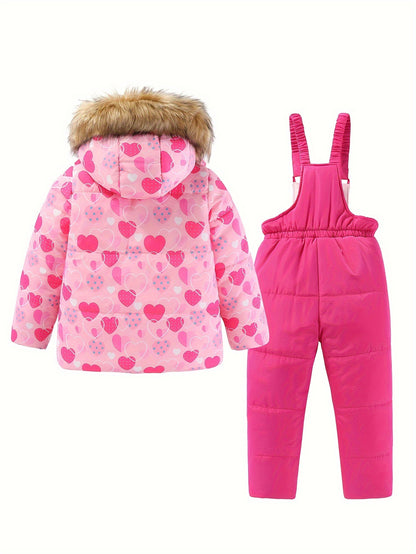 Girls' 2pc Ski Outfit: Zip Hooded Coat + Overalls - Water-Resistant for Fall/Winter Sports
