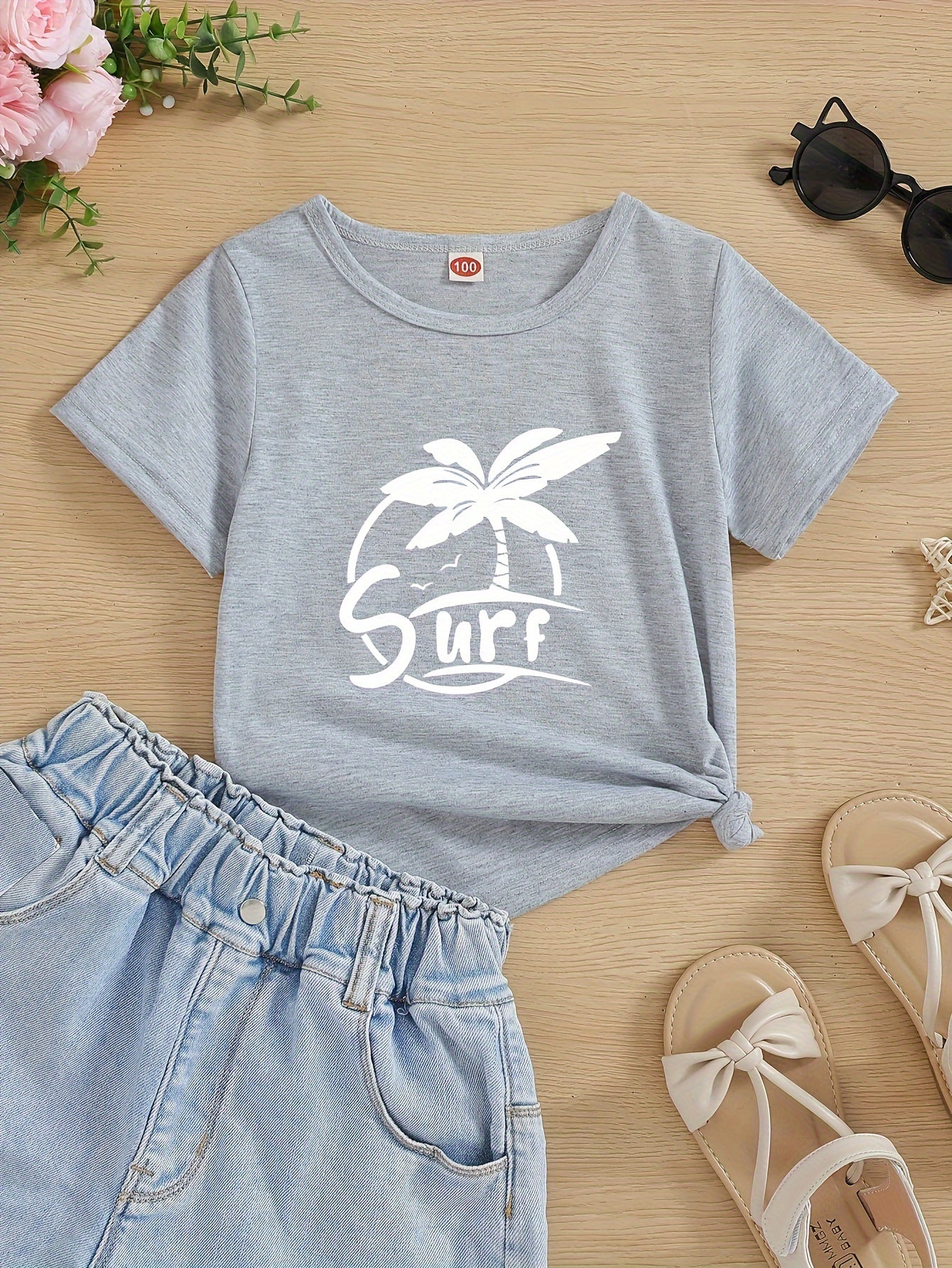 Coconut Tree Surf Print T-Shirt - Kids' Summer Casual Crew Neck Tee