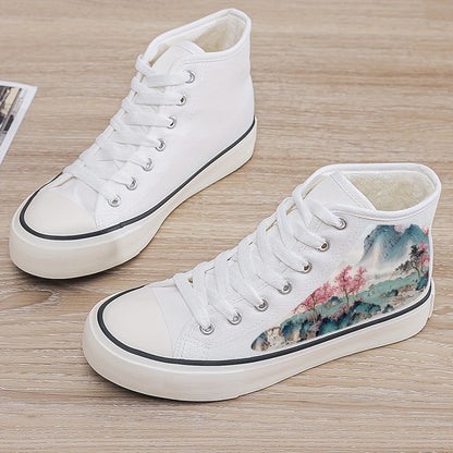 Girl's Trendy High Top Beautiful Painting Pattern Skate Shoes, Comfy Non Slip Breathable Lace Up Sneakers, Winter & Autumn