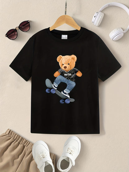 Bear Playing Skateboard Print Round Neck T-shirt Tees Tops Casual Soft Comfortable Boys And Girls Summer Clothes