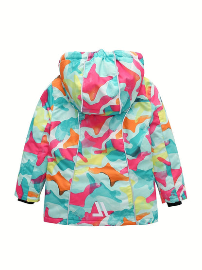 Girls Winter Ski Jacket - Hooded, Zip Front, Camo Pattern - Trendy & Warm - Polyester - Sports & Skiing - Ages 12 & Under - MV09938