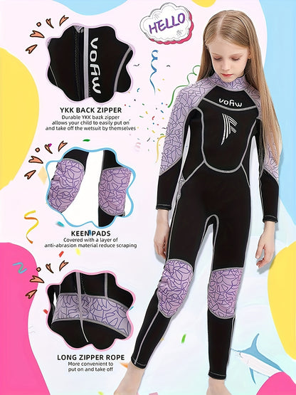 Girls 3.5mm Neoprene Diving Suit - Long Sleeve, Warm, for Surfing, Swimming, Beach - vofiw