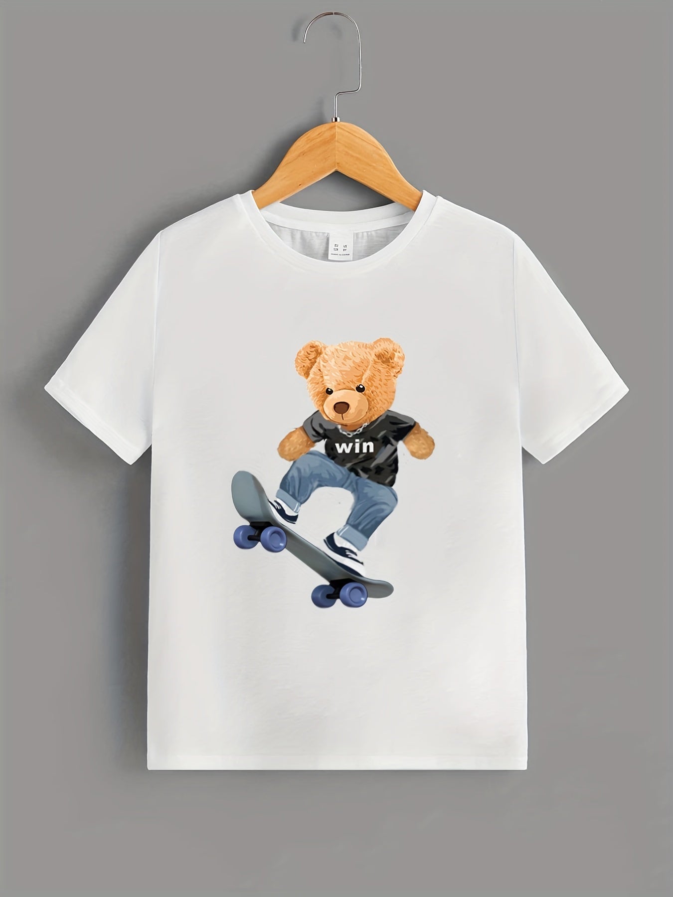 Bear Playing Skateboard Print Round Neck T-shirt Tees Tops Casual Soft Comfortable Boys And Girls Summer Clothes