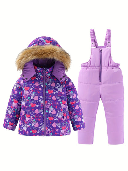 Girls' 2pc Ski Outfit: Zip Hooded Coat + Overalls - Water-Resistant for Fall/Winter Sports