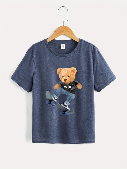 Bear Playing Skateboard Print Round Neck T-shirt Tees Tops Casual Soft Comfortable Boys And Girls Summer Clothes