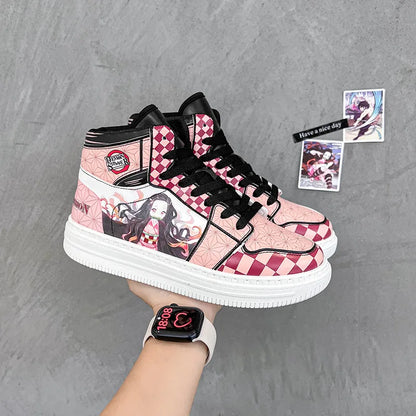 Kamado Nezuko Cosplay Skate Shoes - Demon Slayer Cartoon Game High Gang, Pink Heart Design