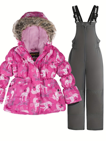 Colorful Ski Suit Set - Hooded Jacket & Thermal Jumpsuit for Girls - Winter Vacation Essential