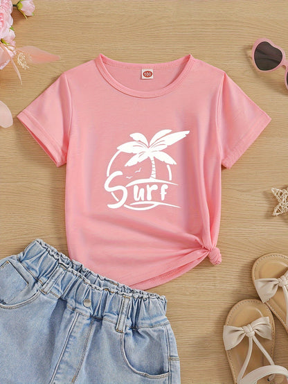 Coconut Tree Surf Print T-Shirt - Kids' Summer Casual Crew Neck Tee