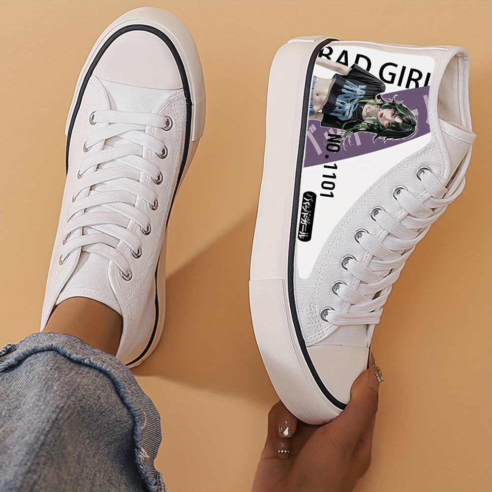 Girl's Trendy Anime Graphic Skate Shoes, Comfy Non Slip Lace Up Breathable Sneakers, Kids Footwear