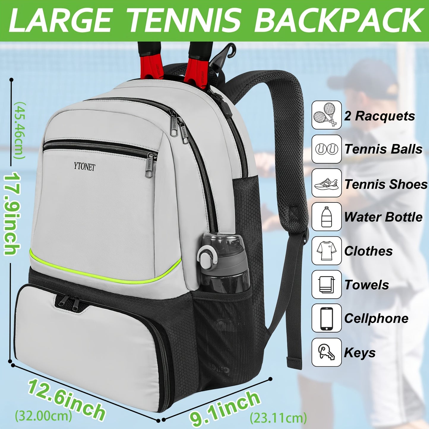 YTONET Waterproof Tennis Backpack with Insulated Pocket and Shoe Compartment - Ideal for girls and women - Fits Rackets and Sports Gear