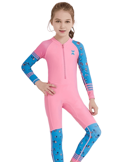 Stretchy Long Sleeve One-Piece Swimsuit for Girls - Summer Beach Surfing Suit