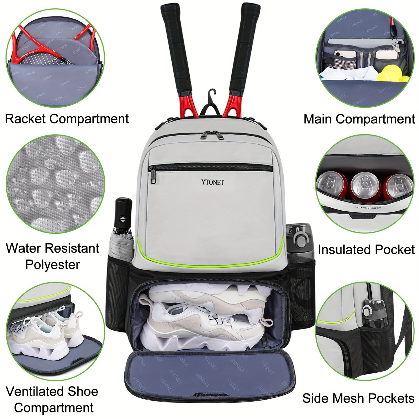 YTONET Waterproof Tennis Backpack with Insulated Pocket and Shoe Compartment - Ideal for girls and women - Fits Rackets and Sports Gear