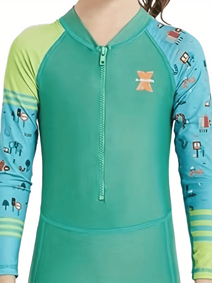 Stretchy Long Sleeve One-Piece Swimsuit for Girls - Summer Beach Surfing Suit