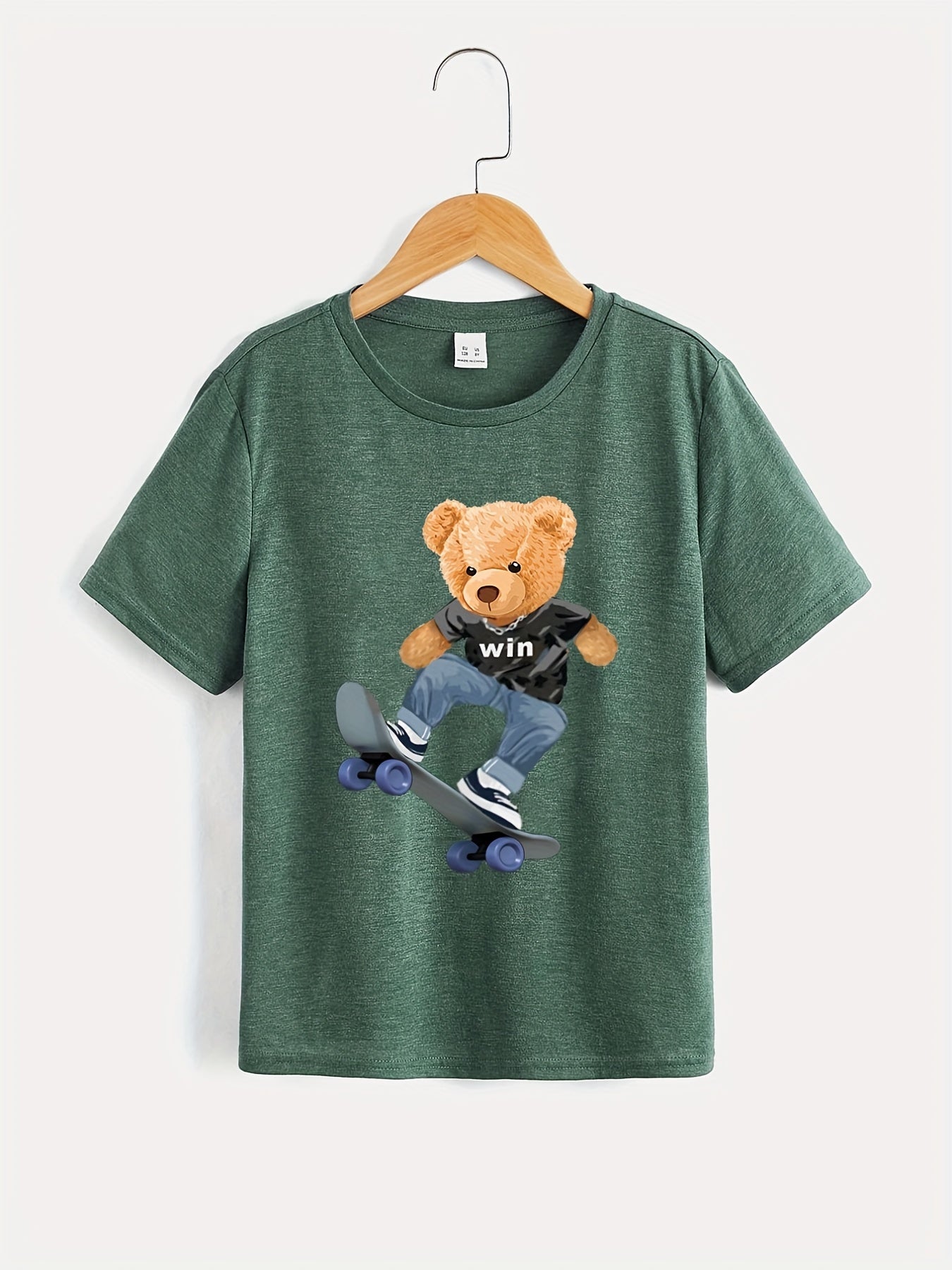 Bear Playing Skateboard Print Round Neck T-shirt Tees Tops Casual Soft Comfortable Boys And Girls Summer Clothes