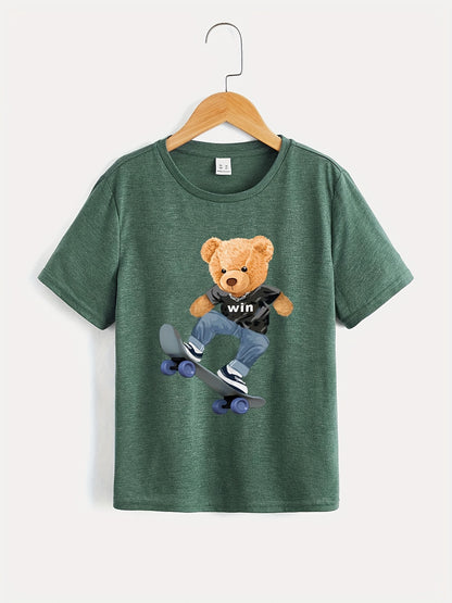 Bear Playing Skateboard Print Round Neck T-shirt Tees Tops Casual Soft Comfortable Boys And Girls Summer Clothes